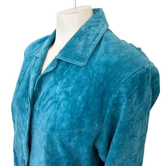 VTG JESSICA HOLBROOK Washable Suede Button Front Blazer Coat in Teal Blue SZ L - Picture 4 of 11